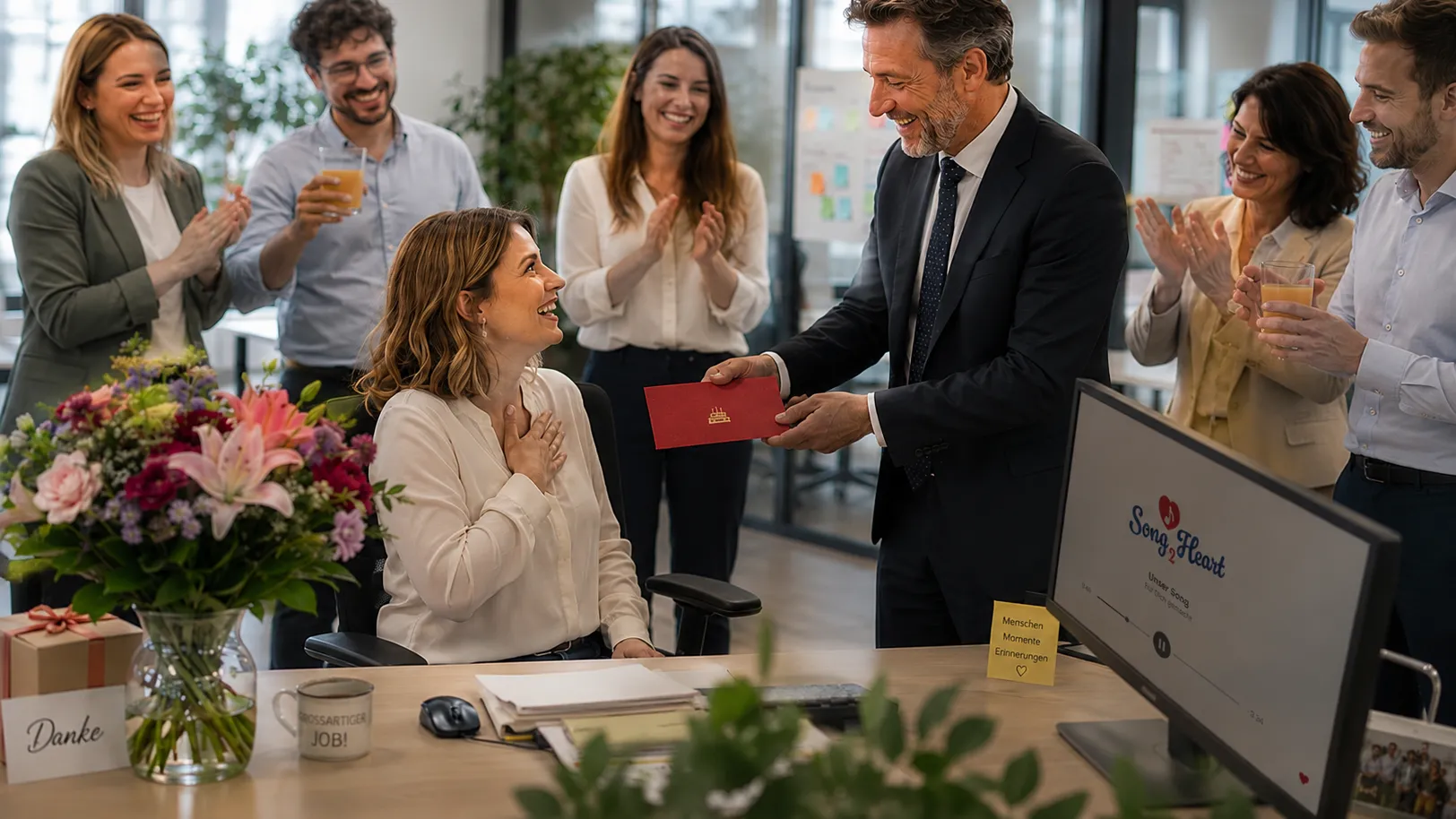 Emotionale Überraschung für Mitarbeiter mit personalisiertem Song im Büro