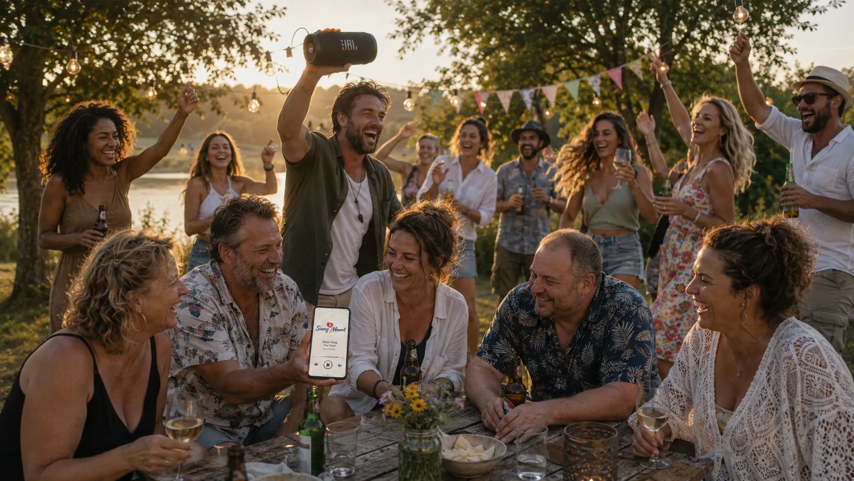 Freunde erleben gemeinsam einen emotionalen Sommerabend mit Musik von Song2Heart